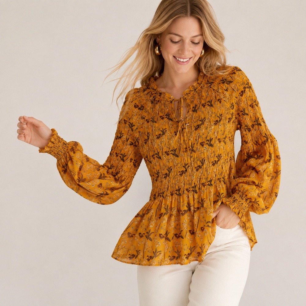 Rose + Olive Smocked Blouse Mustard Yellow Floral Balloon‎ Sleeve Medium